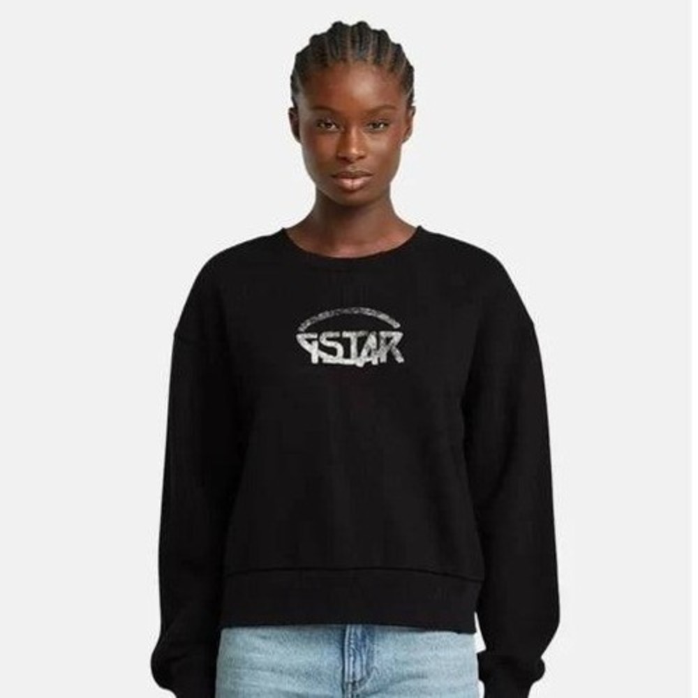 G-Star RAW‎ Women's Logo Loose Fit Sweatshirt Black Size M Distressed Collar NWT
